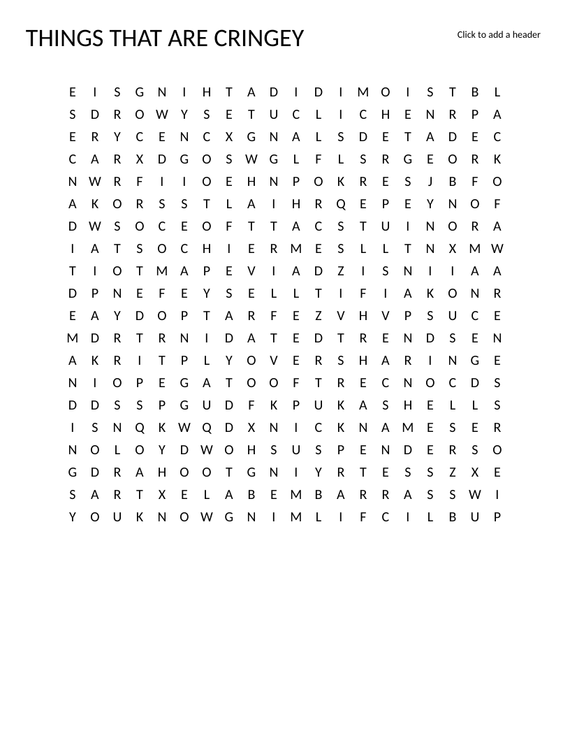 Word search on cringey behaviors and dated trends for middle school, including frosted tips and puka shells.