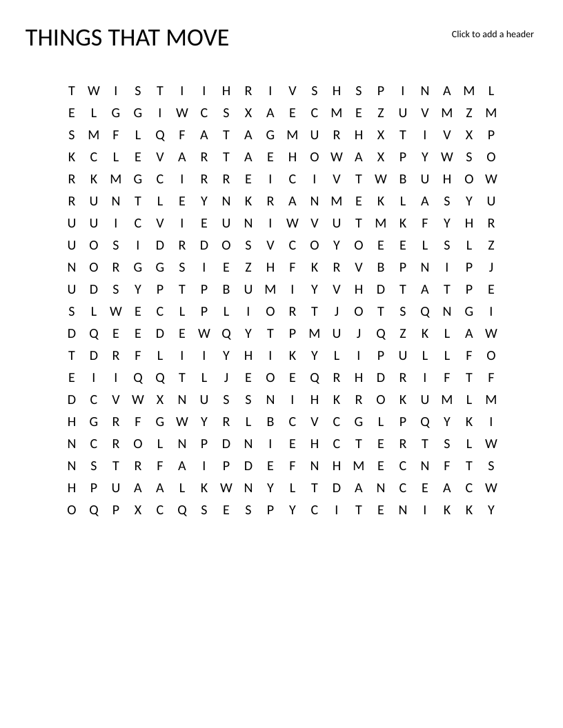 Movement word search with action verbs like jump, spin, and dance for primary grades.