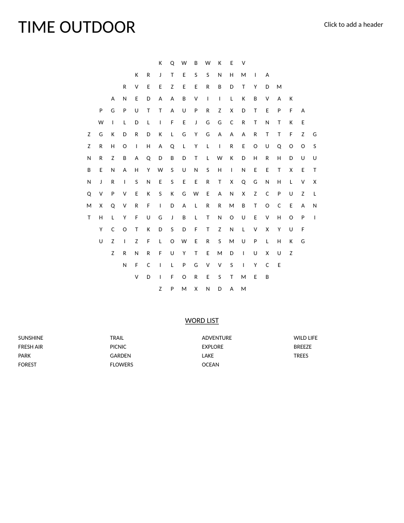 Circular outdoor nature word search with words like sunshine, forest, lake, and wildlife.