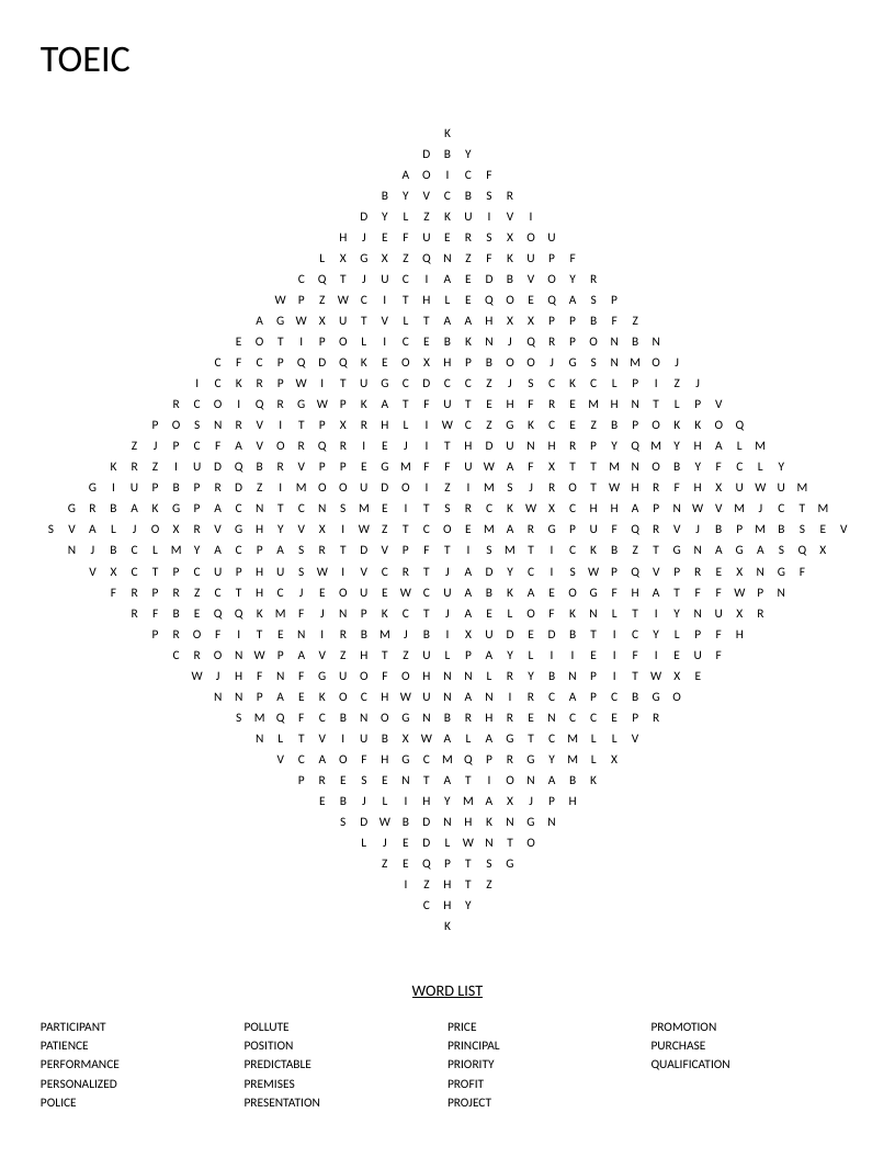 Diamond-shaped TOEIC word search with business terms like qualification, performance, and promotion.
