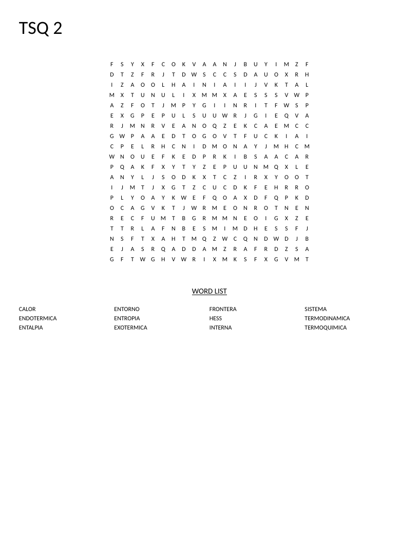 Spanish chemistry word search with thermodynamics terms: entalpia, entropia, exotermica.