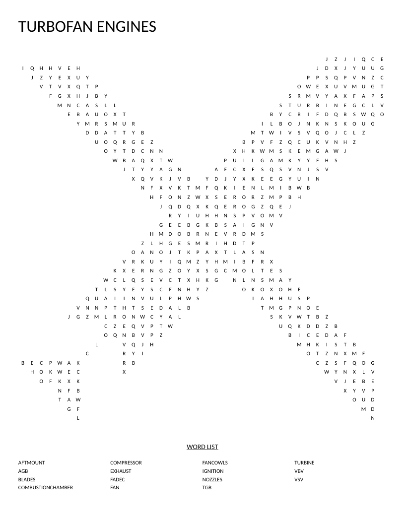 Plane-shaped turbofan engine word search with technical terms like compressor, turbine, and FADEC.