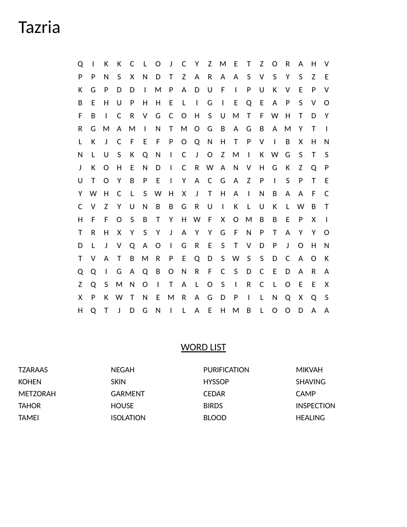 Tazria Torah word search with Hebrew terms including tzaraas, kohen, and mikvah.