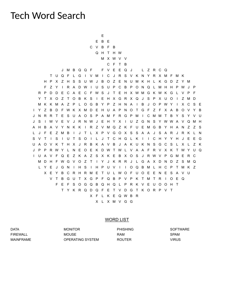 Pumpkin-shaped tech word search with words like firewall, phishing, and mainframe.