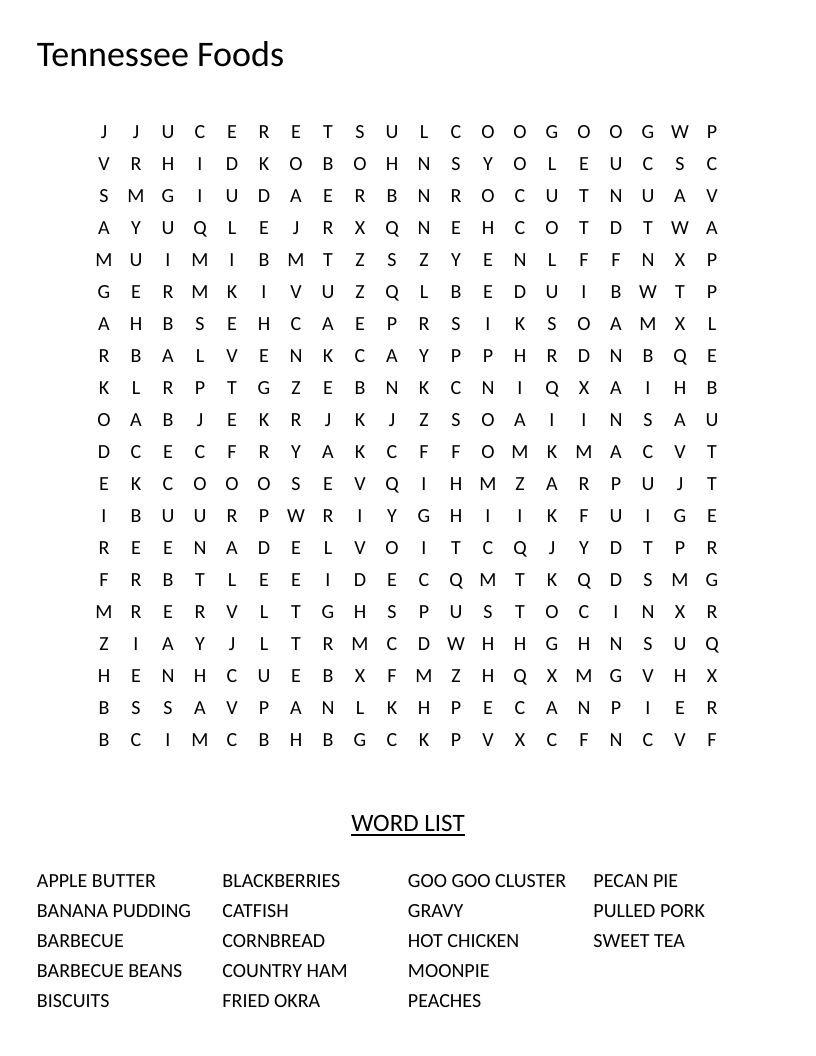 Tennessee foods word search with regional dishes like hot chicken, barbecue, and moon pie.