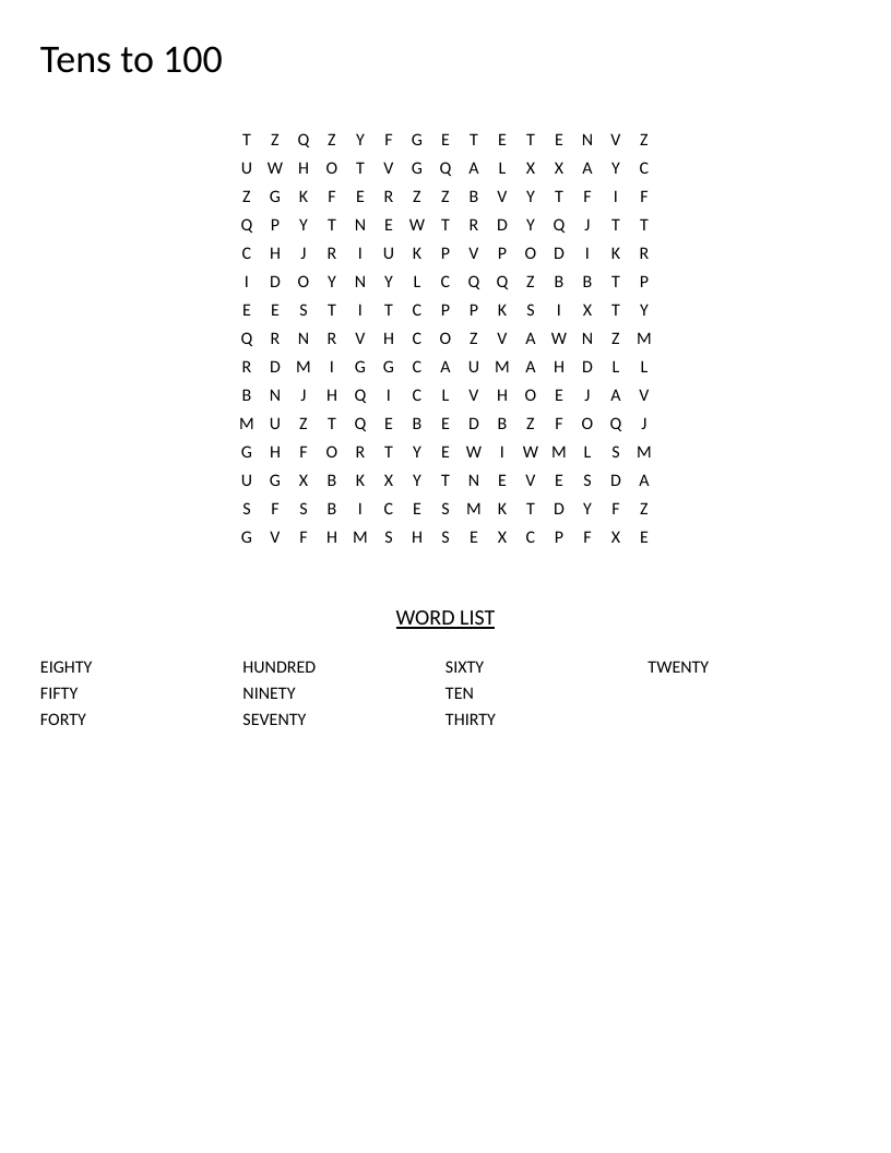 Number word search with words like twenty, thirty, fifty, and hundred.