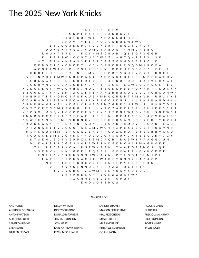 2025 New York Knicks word search with player names in a circular grid.