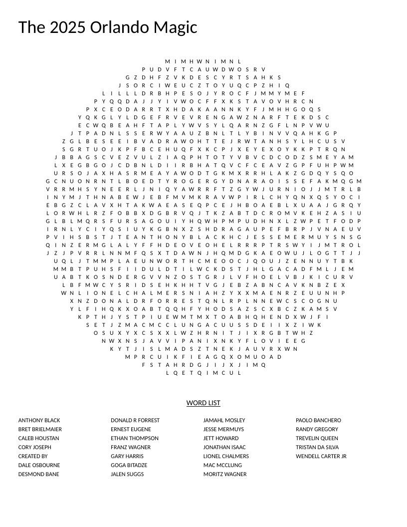 Circle-shaped Orlando Magic word search with 2025 roster names like Paolo Banchero and Jalen Suggs.