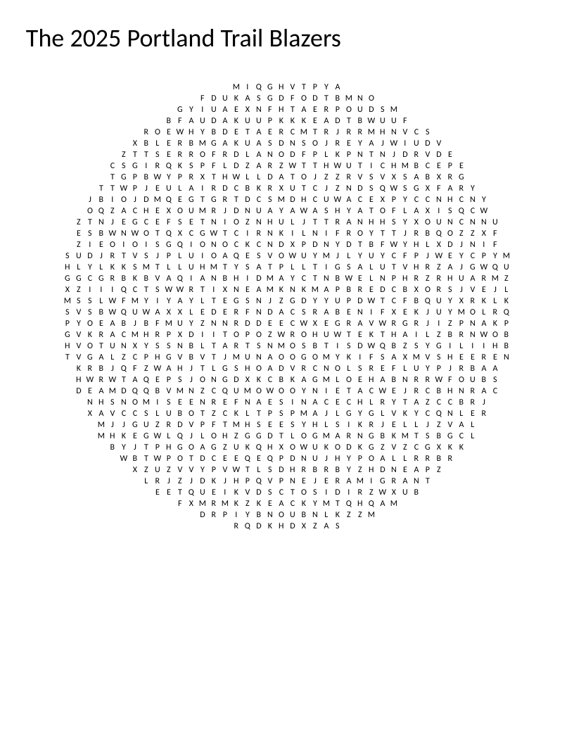 2025 Portland Trail Blazers word search with player names like Scoot Henderson and Donovan Clingan.