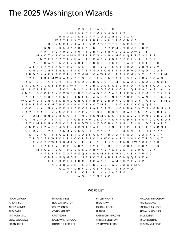 Washington Wizards word search with NBA player names like Jordan Poole and Marcus Smart.