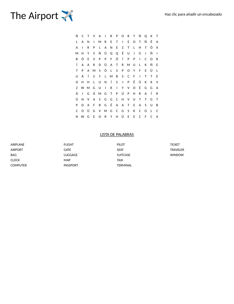 Airport vocabulary word search with words like pilot, passport, luggage, and terminal.