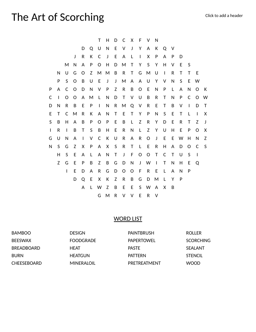 Circular pyrography word search with wood-burning terms like scorching, heat gun, and stencil.