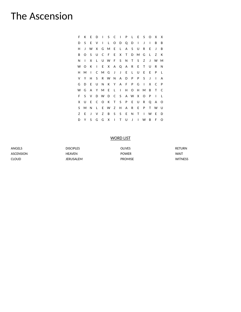 Word search on the Ascension from Acts 1 with words like cloud, angels, and disciples.