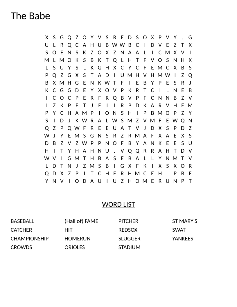 Babe Ruth baseball word search with words like homerun, slugger, and championship.