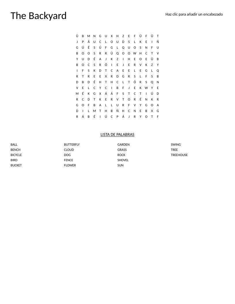 Backyard word search with vocabulary including tree, butterfly, treehouse, and garden.