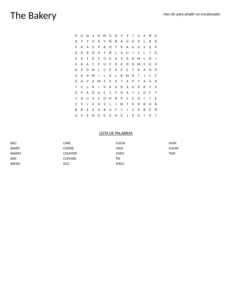 Spanish bakery word search with vocabulary including pan, pastel, and galleta.