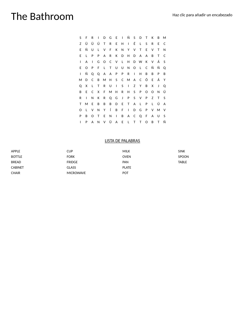 Kitchen vocabulary word search with words like fridge, microwave, spoon, and plate.