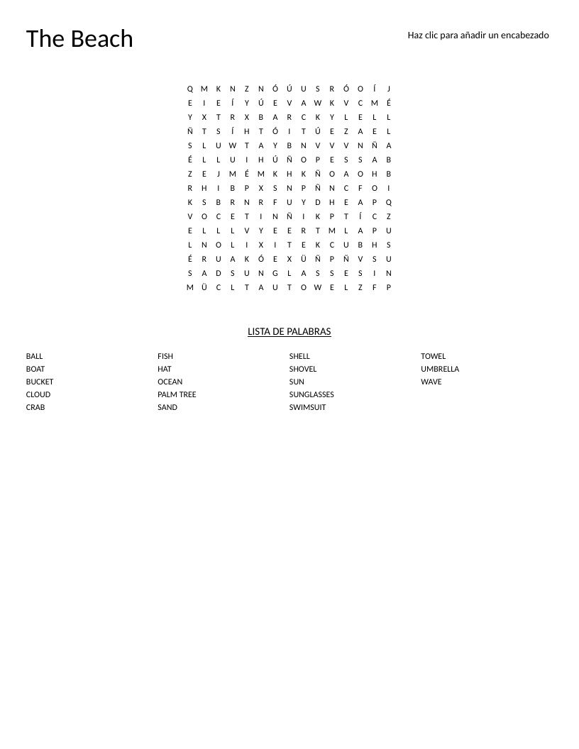 Beach word search for elementary with words including wave, shell, crab, and palm tree.