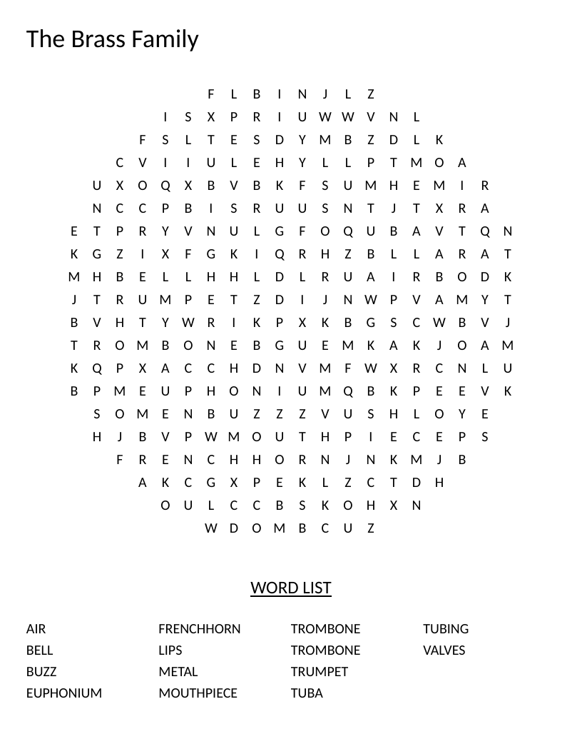 Circular brass family word search with trumpet, trombone, French horn, and euphonium.