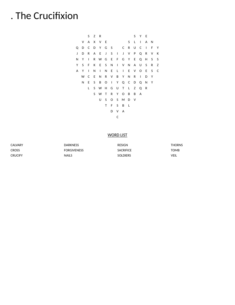 Heart-shaped Crucifixion word search with religious vocabulary like cross, Calvary, and forgiveness.