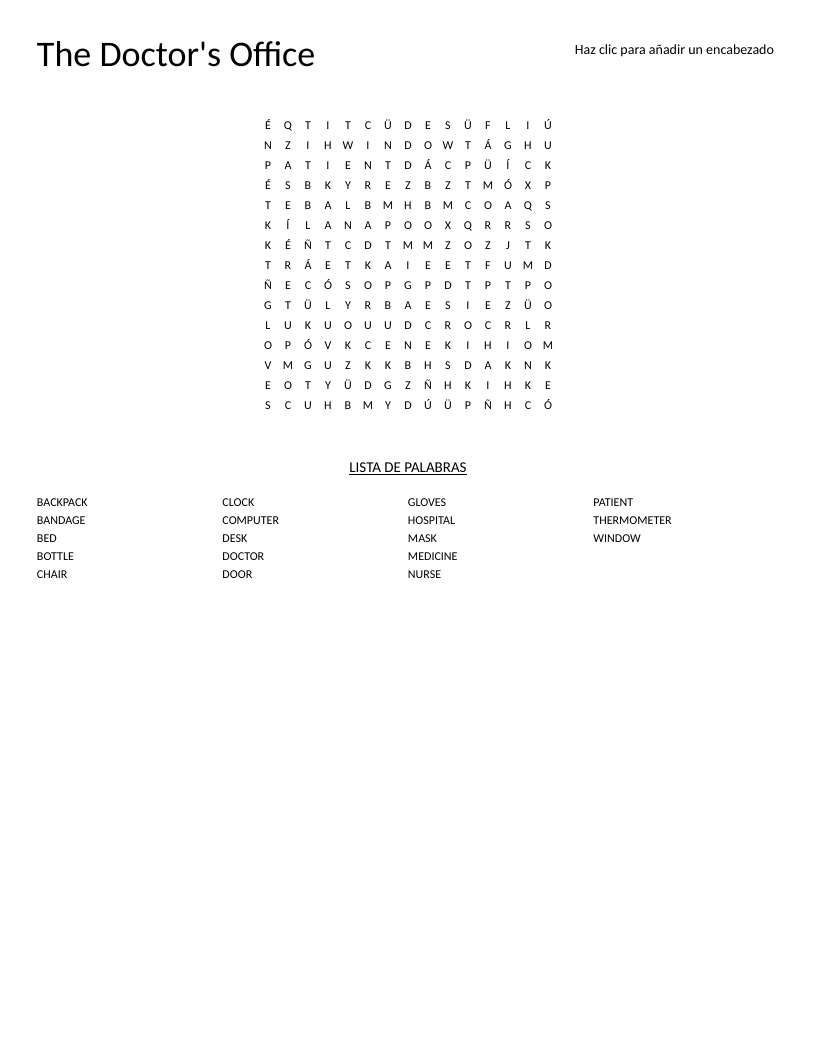 Spanish doctor's office word search with words like thermometer, nurse, and patient.