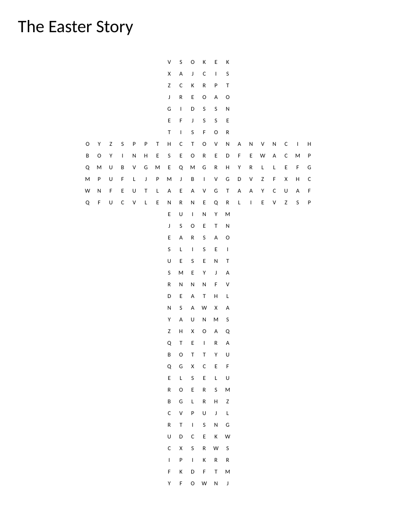 Cross-shaped Easter story word search with words like Resurrection, Calvary, and Gethsemane.