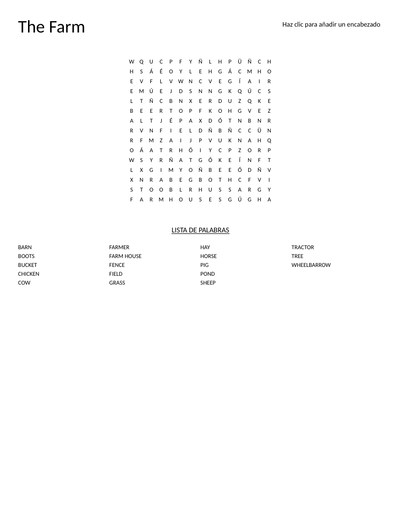 Farm word search featuring cow, horse, barn, tractor, and other farm vocabulary.