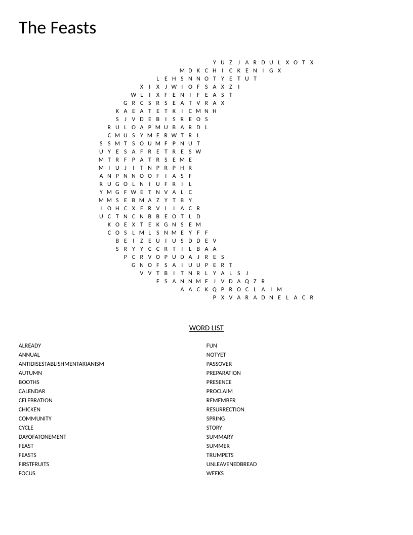 Moon-shaped word search on biblical feasts, including Passover, Trumpets, and Day of Atonement.