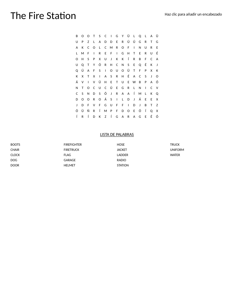 Fire station word search with words like firetruck, helmet, and firefighter.