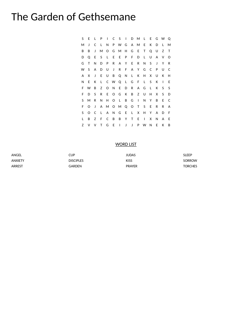 Garden of Gethsemane word search with biblical words like prayer, disciples, and angel.