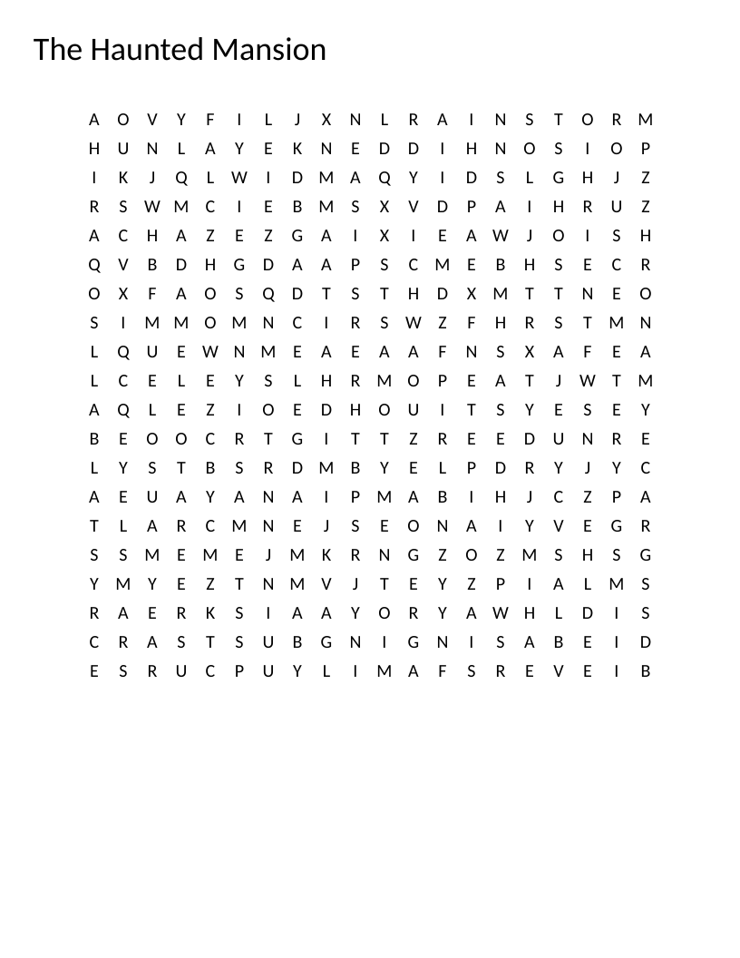 Haunted Mansion word search with spooky Halloween words like ghosts, curse, and Madame Leota.