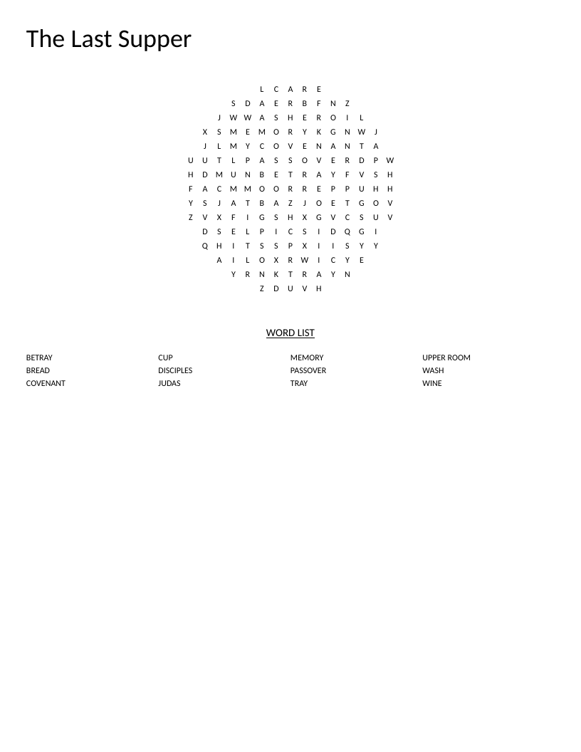 Circle-shaped Last Supper word search with biblical words like Passover, Judas, and disciples.