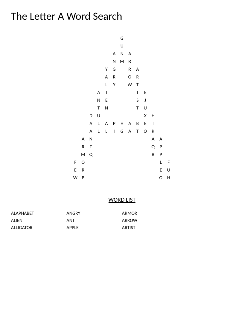 Letter A word search for primary grades with words like apple, alligator, and ant.