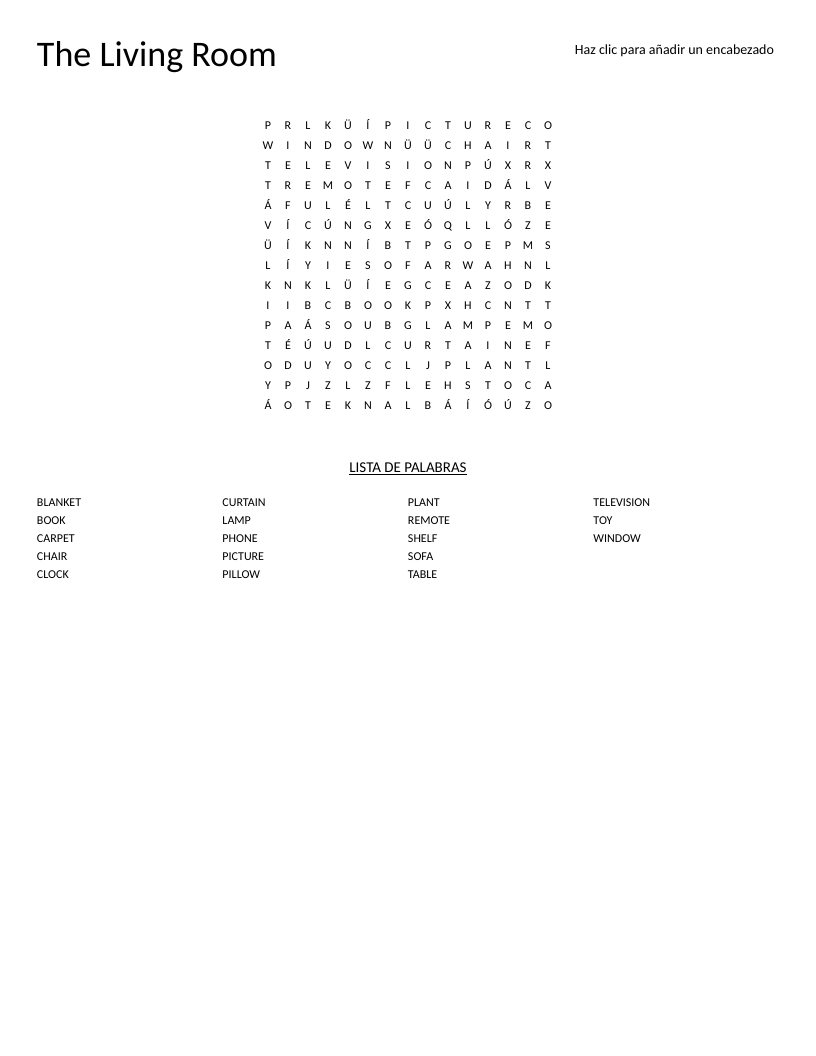 Living room word search with household vocabulary like sofa, television, and plant.