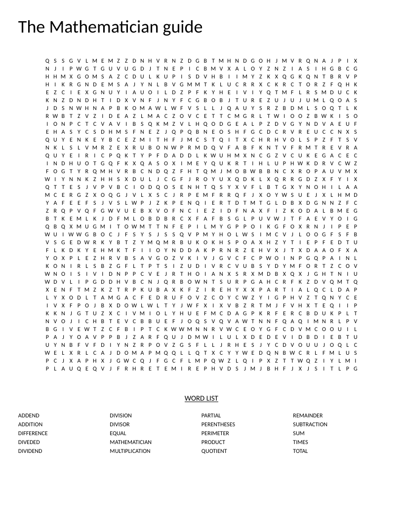 Math vocabulary word search with words like quotient, remainder, product, and addend.