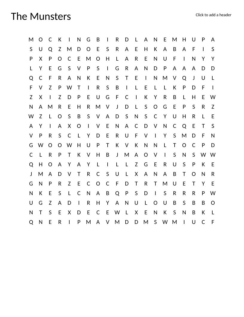 The Munsters word search with characters like Herman, Lily, and Grandpa, plus Transylvania and Frankenstein.