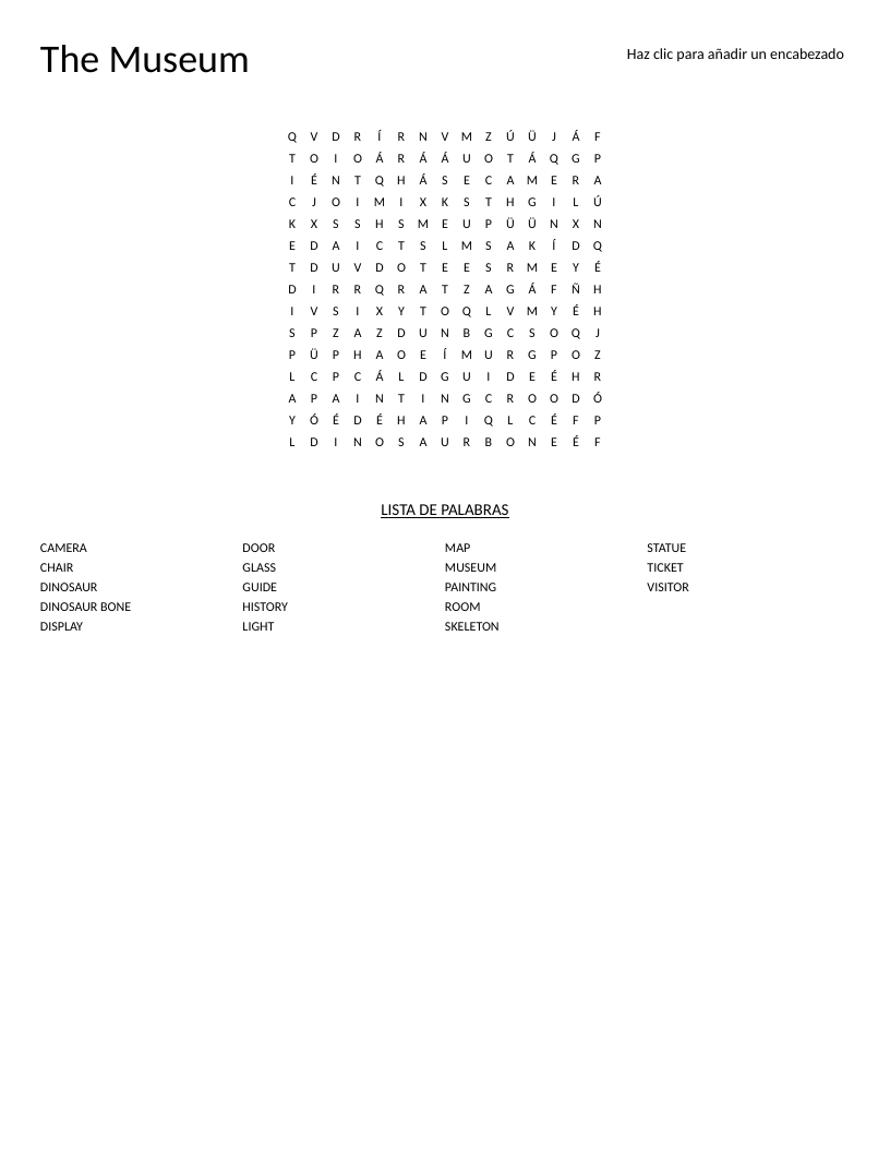 Museum word search with words like dinosaur, statue, painting, and skeleton.