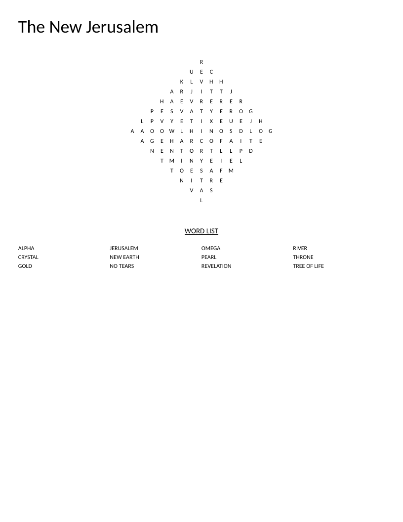 Diamond-shaped New Jerusalem word search with biblical words like pearl, gold, and throne.