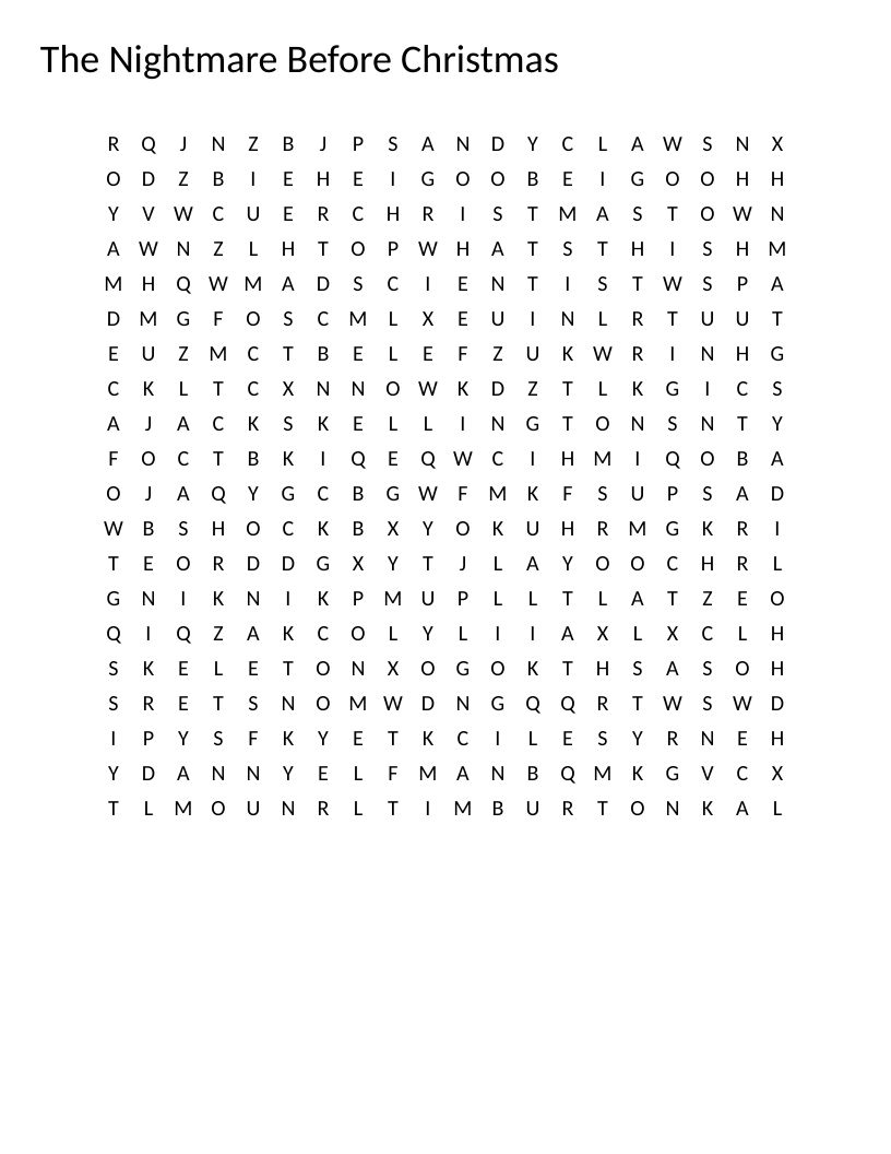 The Nightmare Before Christmas word search with Jack Skellington, Sally, and Oogie Boogie.