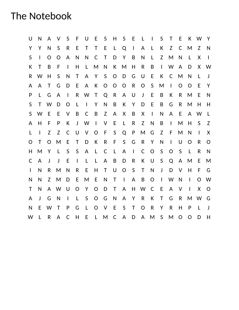 The Notebook word search with characters and plot elements like Noah, Allie, and Ferris Wheel.