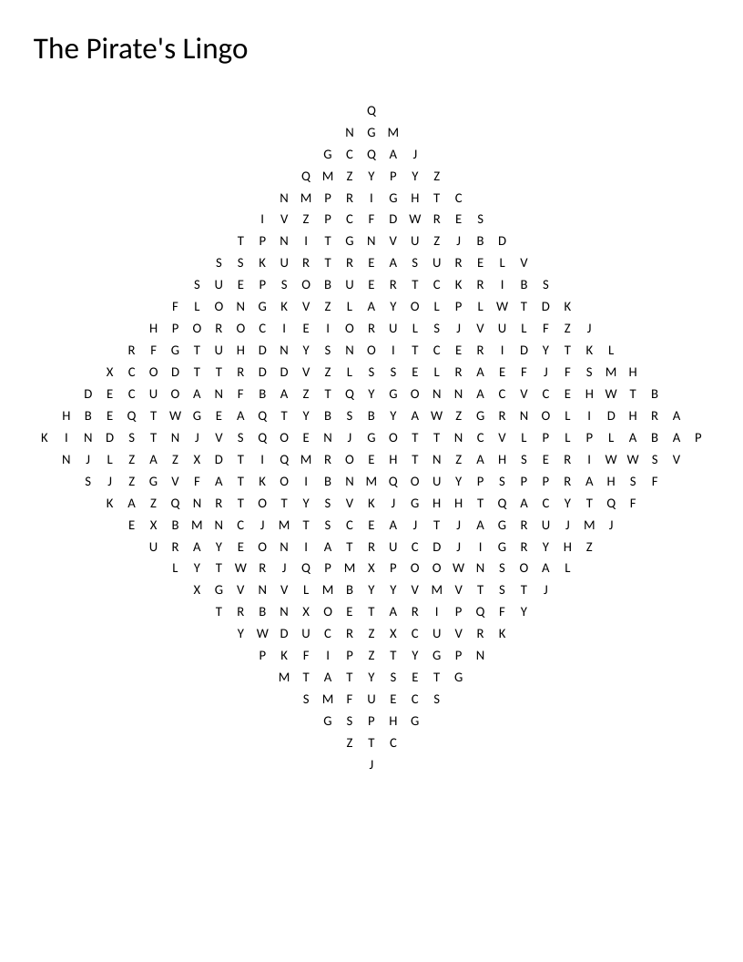 Diamond-shaped pirate word search with vocabulary like treasure, compass, and fearless.