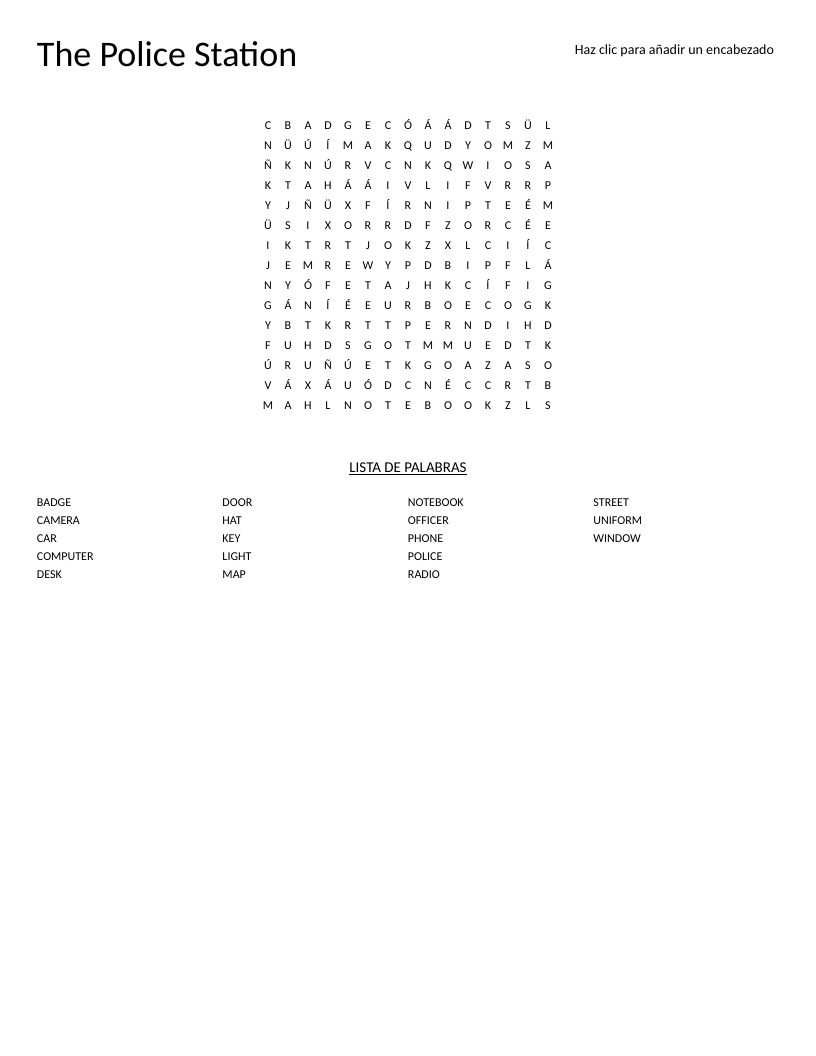Police station word search with vocabulary including officer, badge, uniform, and radio.