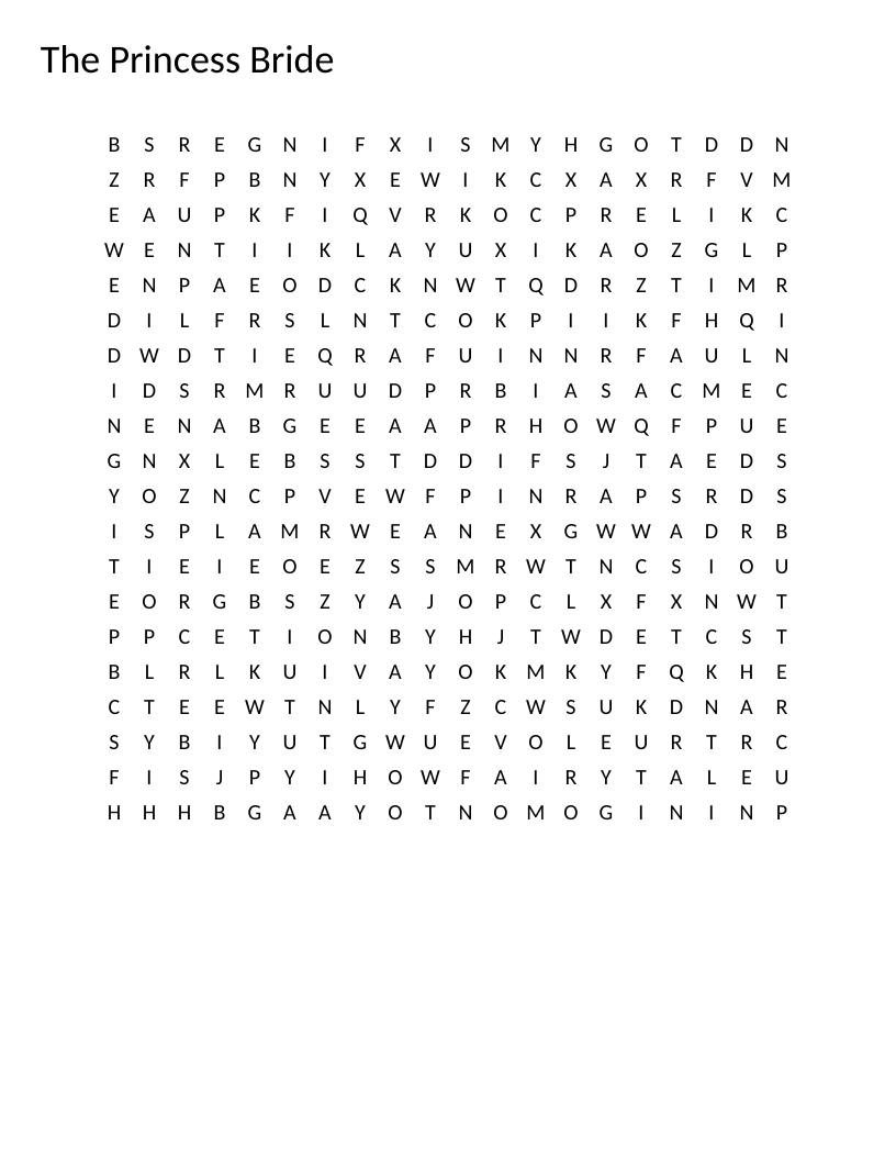 The Princess Bride word search featuring Westley, Inigo Montoya, and Fire Swamp.