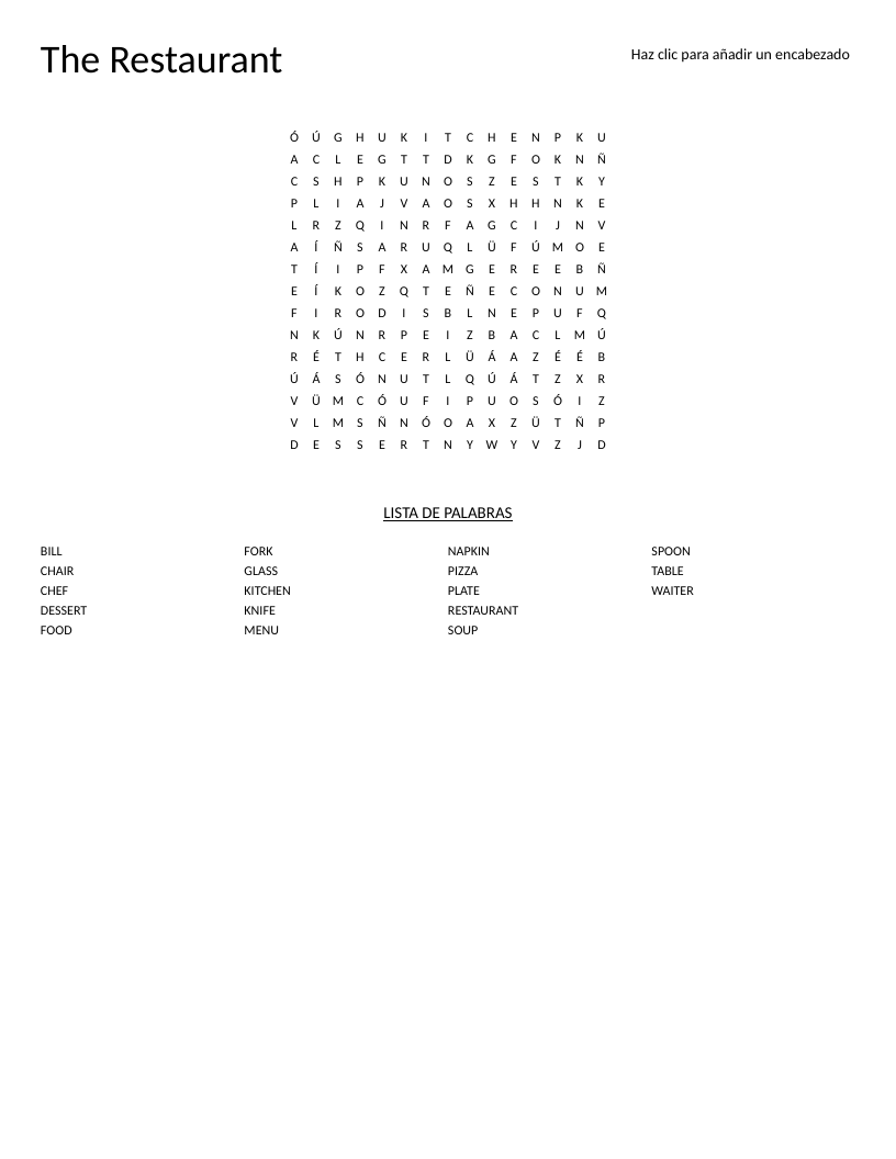 Spanish restaurant vocabulary word search with words like waiter, menu, pizza, and chef.