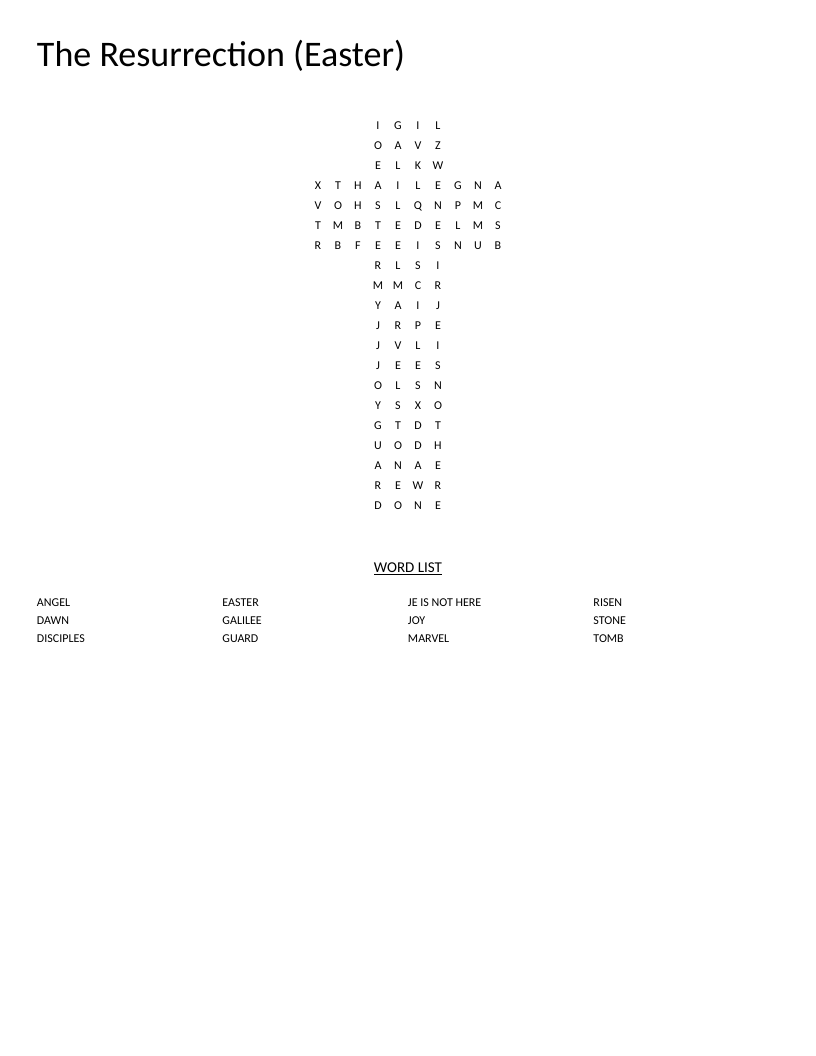 Cross-shaped Easter Resurrection word search with biblical words like angel, tomb, and Galilee.