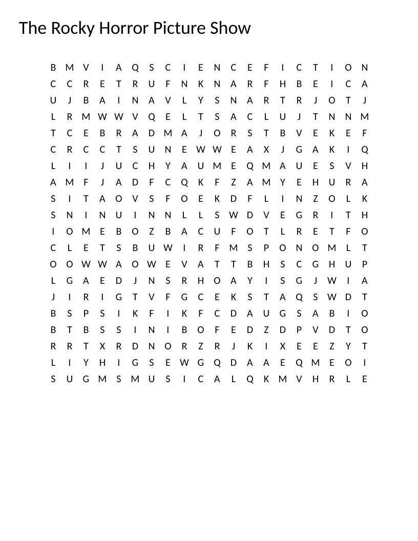 The Rocky Horror Picture Show word search featuring Frank N. Furter, Time Warp, and Transylvania.