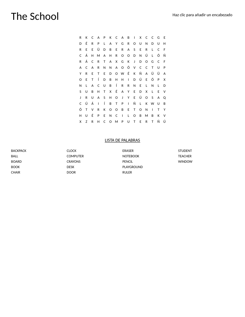 School vocabulary word search with words like teacher, desk, book, and playground.