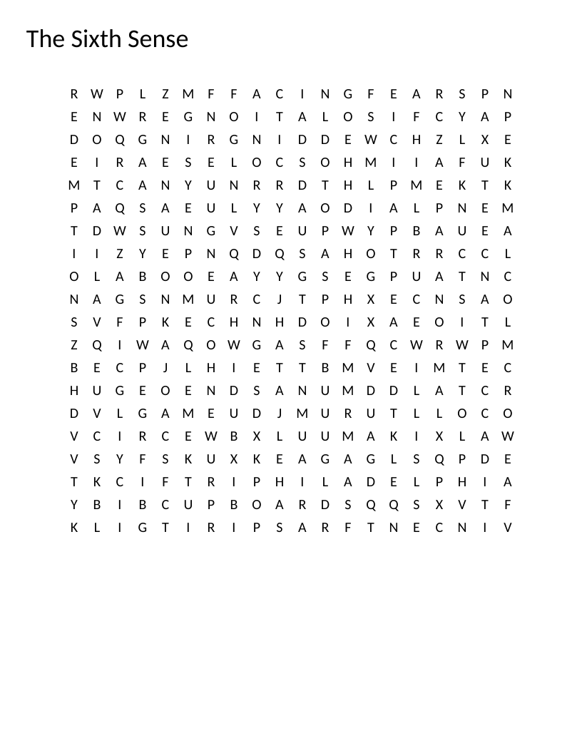 "The Sixth Sense" word search with words like ghosts, Malcolm Crowe, and plot twist.