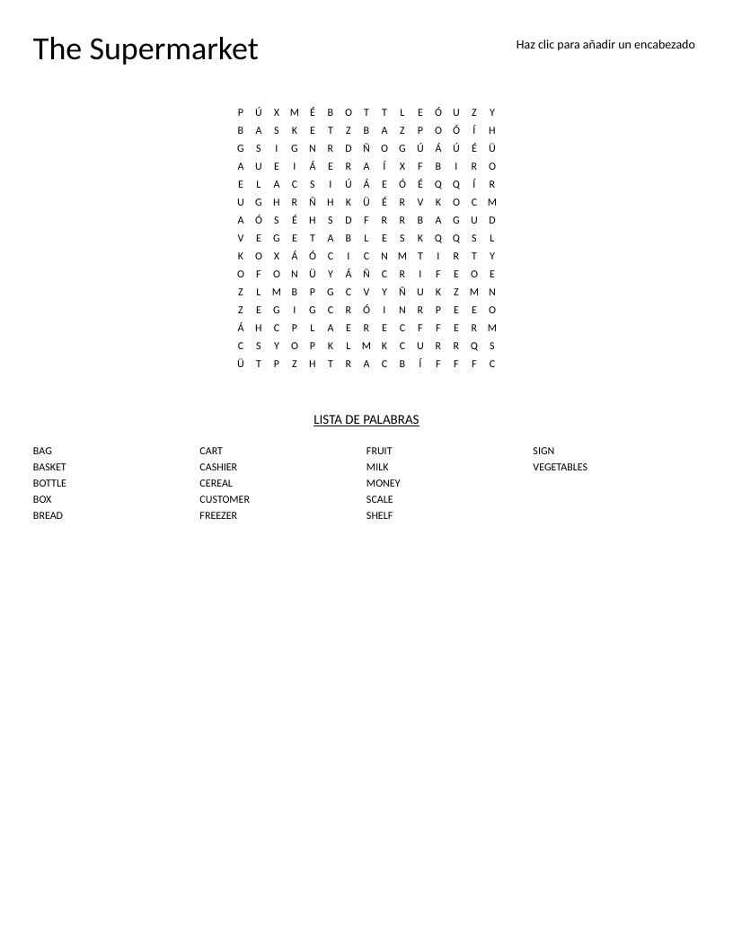 Supermarket vocabulary word search with words like cart, cashier, fruit, and vegetables.