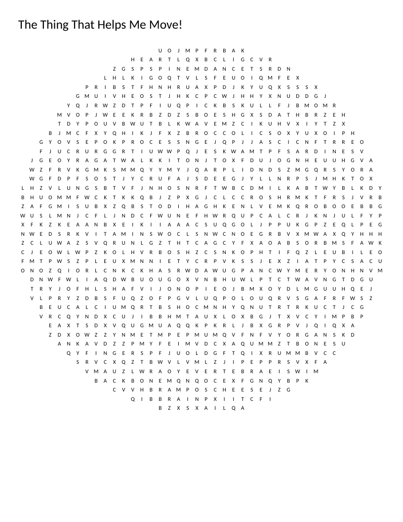 Circle-shaped skeleton and bones word search with anatomy and nutrition words.
